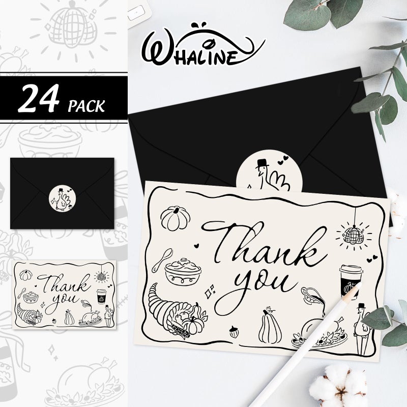 Whaline 24 Pack Thanksgiving Thank You Cards Fall Black Turkey Pumpkin Pie Thank You Greeting Note Cards with Envelope Sticker for Autumn Harvest Wedding - Image 3